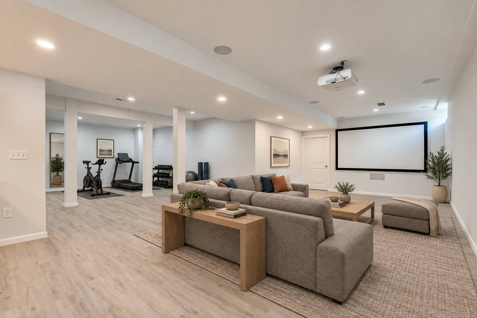 Lower level theatre area with a projection screen and the gym beyond