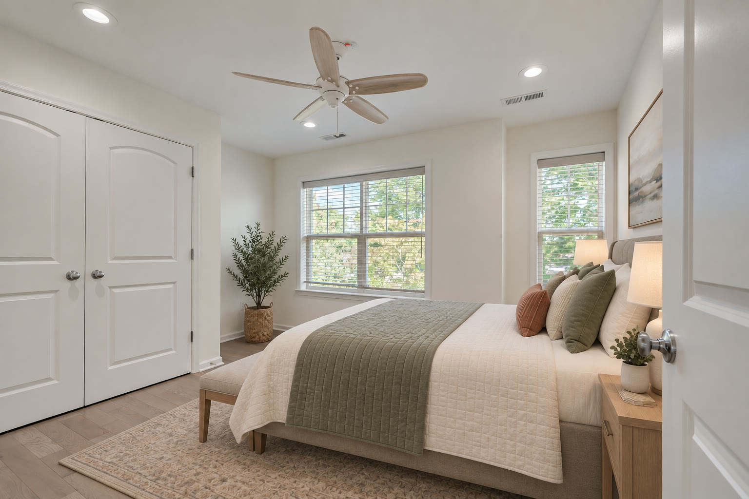 Fifth bedroom with a window and a ceiling fan