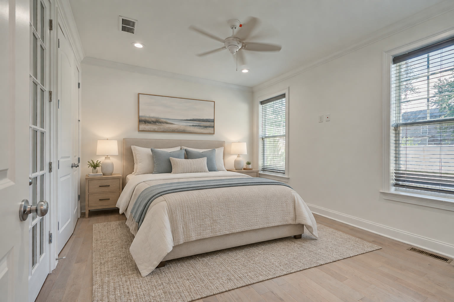 Main-floor bedroom with a ceiling fan and two windows