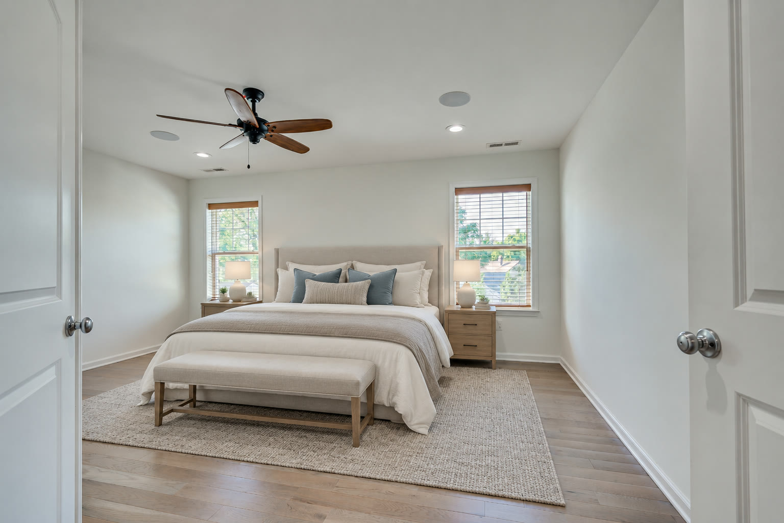 Primary bedroom from the opposite corner showing both windows